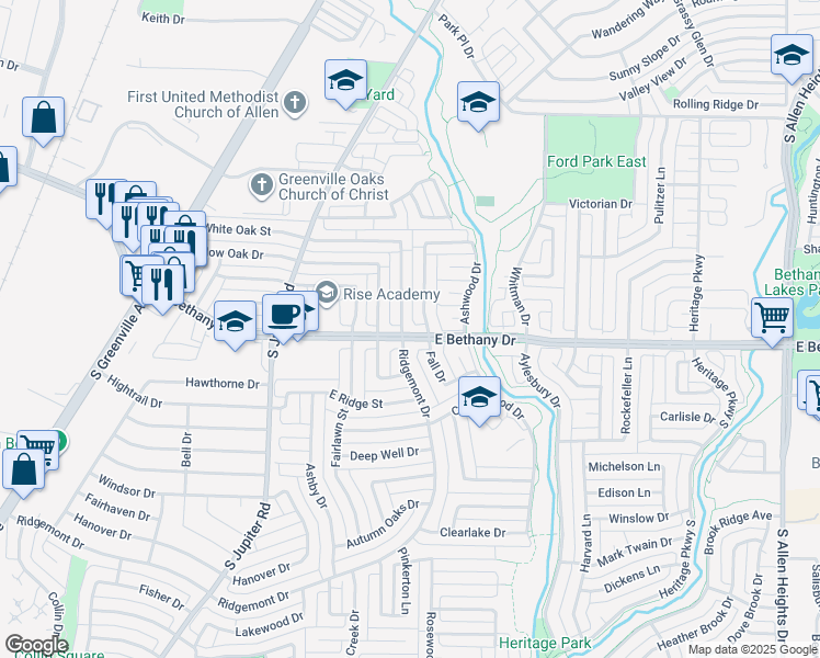 map of restaurants, bars, coffee shops, grocery stores, and more near 800 Ridgemont Drive in Allen