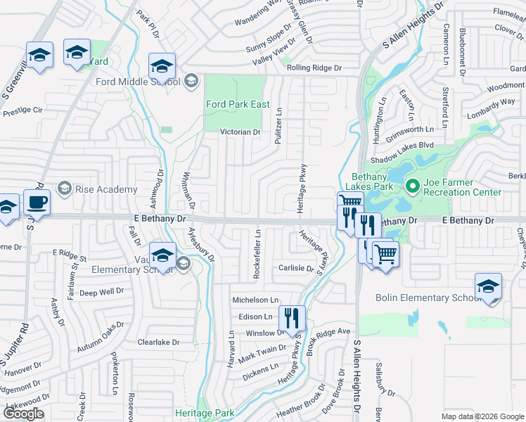 map of restaurants, bars, coffee shops, grocery stores, and more near 800 Rockefeller Lane in Allen