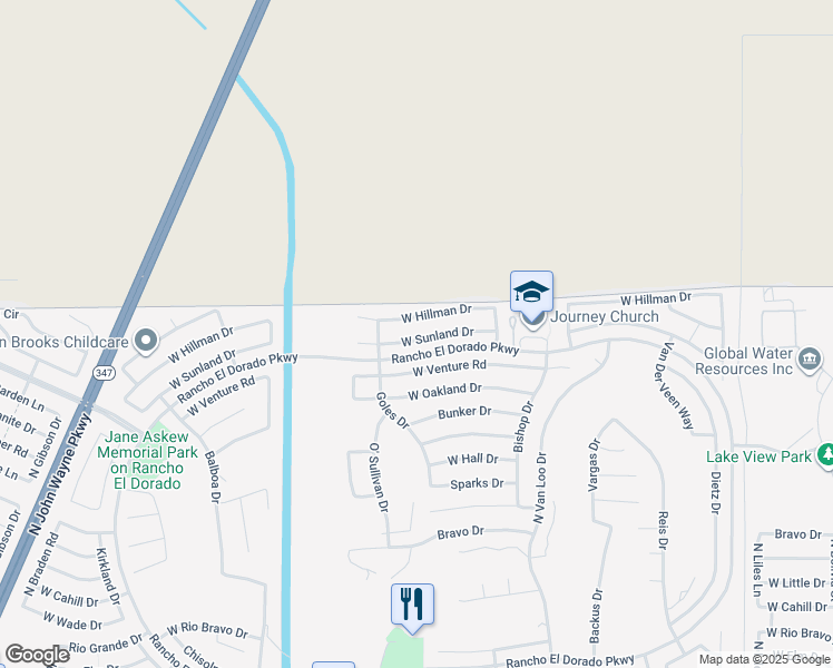 map of restaurants, bars, coffee shops, grocery stores, and more near 42610 Sunland Drive in Maricopa