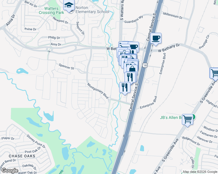 map of restaurants, bars, coffee shops, grocery stores, and more near 1175 Montgomery Boulevard in Allen
