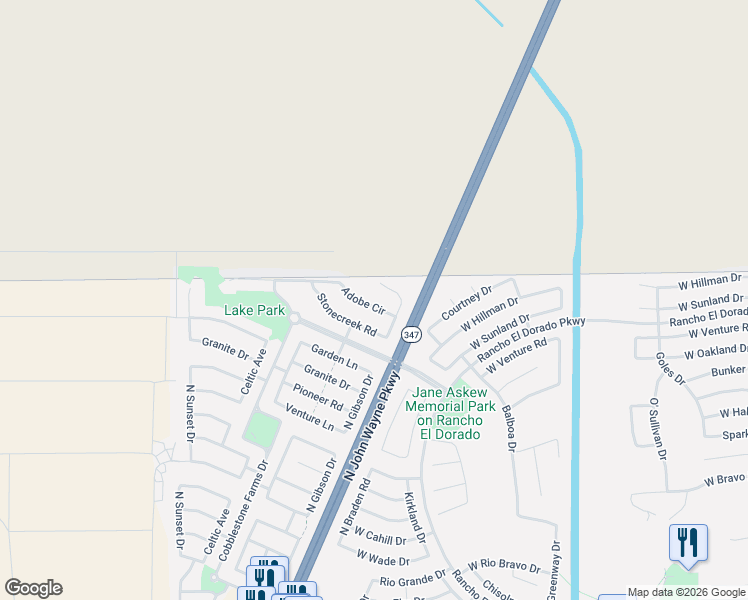 map of restaurants, bars, coffee shops, grocery stores, and more near 43944 Stonecreek Road in Maricopa