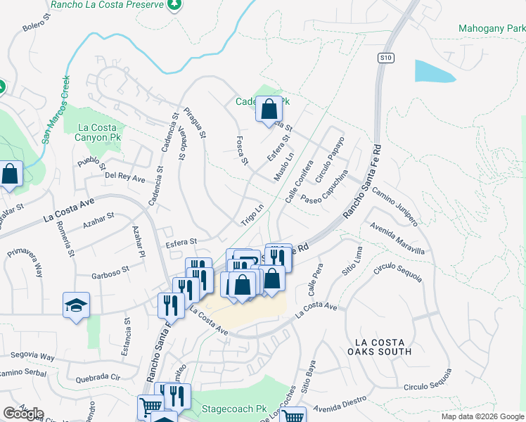 map of restaurants, bars, coffee shops, grocery stores, and more near 7442 Trigo Lane in Carlsbad