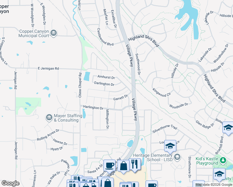 map of restaurants, bars, coffee shops, grocery stores, and more near 4102 Arron Court in Highland Village