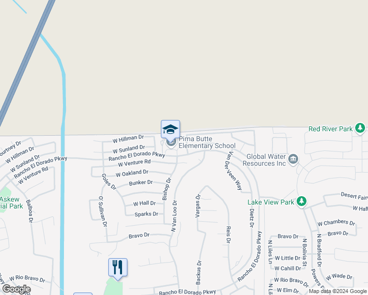 map of restaurants, bars, coffee shops, grocery stores, and more near 22658 Kennedy Drive in Maricopa
