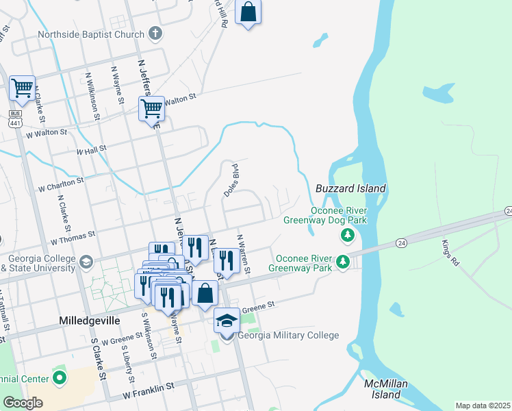 map of restaurants, bars, coffee shops, grocery stores, and more near 455 Baldwin Avenue in Milledgeville