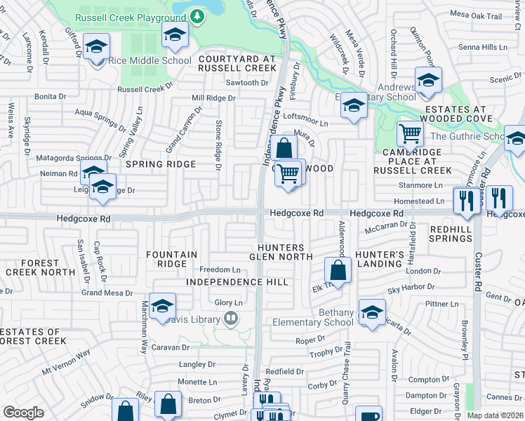 map of restaurants, bars, coffee shops, grocery stores, and more near Independence Pkwy & Hedgcoxe Rd in Plano