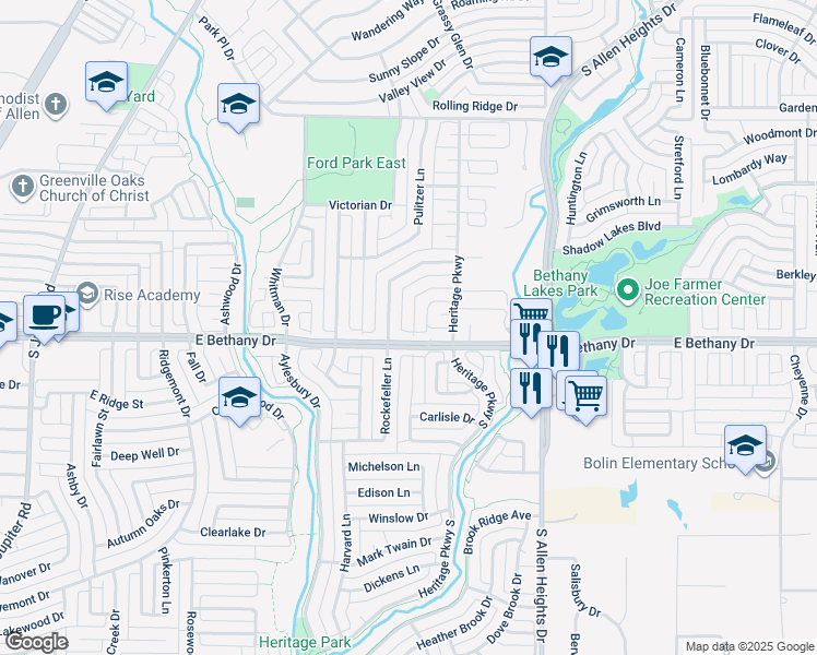 map of restaurants, bars, coffee shops, grocery stores, and more near 30 Harper Drive in Allen