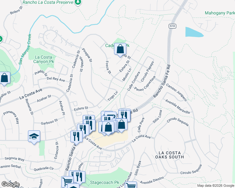 map of restaurants, bars, coffee shops, grocery stores, and more near 7442 Trigo Lane in Carlsbad
