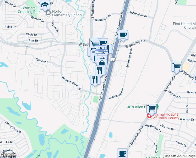 map of restaurants, bars, coffee shops, grocery stores, and more near 1070 Watters Creek Boulevard in Allen