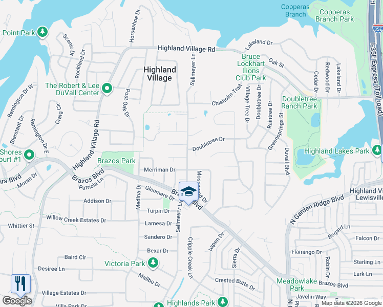 map of restaurants, bars, coffee shops, grocery stores, and more near 305 Merriman Drive in Highland Village