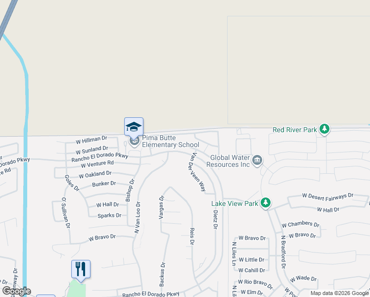 map of restaurants, bars, coffee shops, grocery stores, and more near 22552 Van Der Veen Way in Maricopa