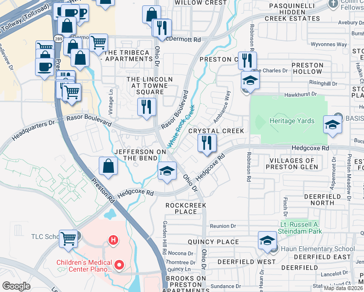 map of restaurants, bars, coffee shops, grocery stores, and more near 8013 Kingsgate Circle in Plano