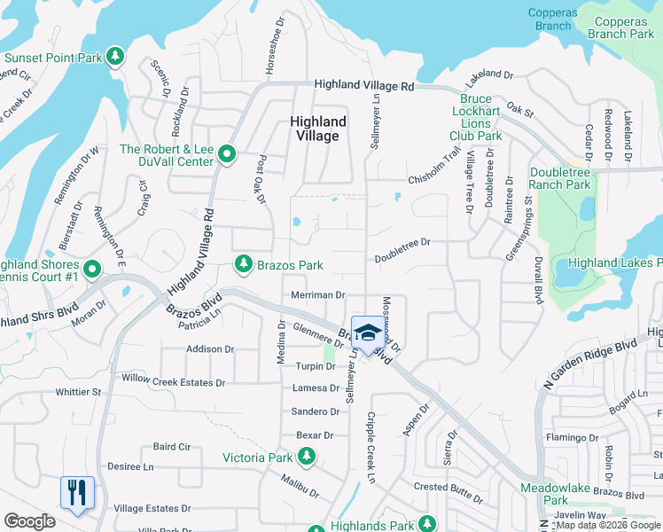 map of restaurants, bars, coffee shops, grocery stores, and more near 235 Windy Court in Highland Village