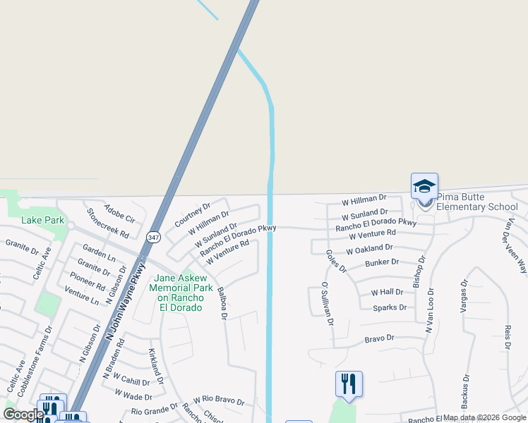 map of restaurants, bars, coffee shops, grocery stores, and more near 43067 West Sunland Drive in Maricopa