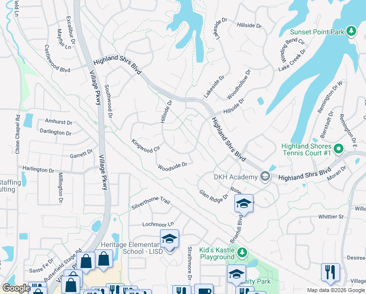 map of restaurants, bars, coffee shops, grocery stores, and more near 2641 Hillside Drive in Highland Village