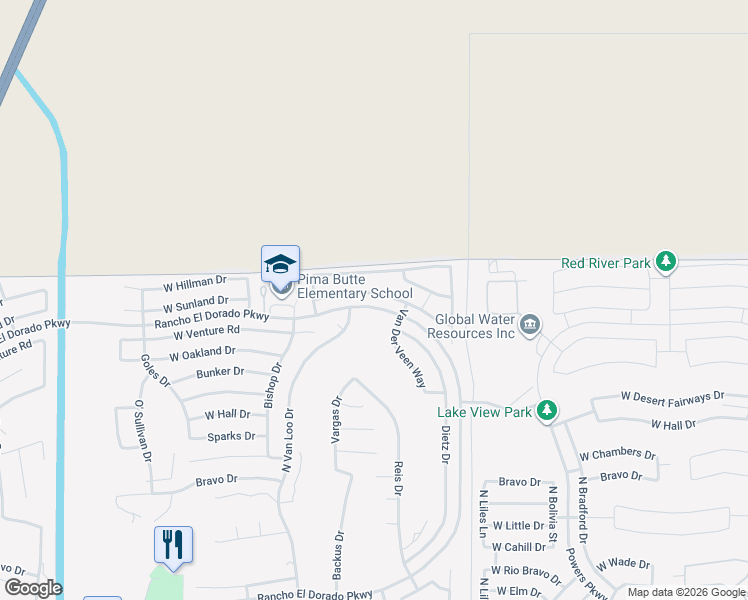 map of restaurants, bars, coffee shops, grocery stores, and more near 22552 Van Der Veen Way in Maricopa