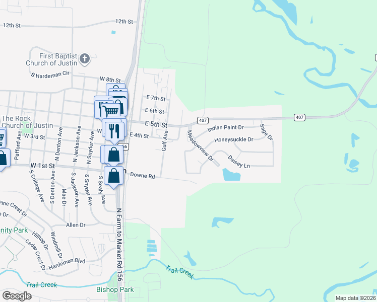 map of restaurants, bars, coffee shops, grocery stores, and more near 114 North Blue Bonnet Circle in Justin