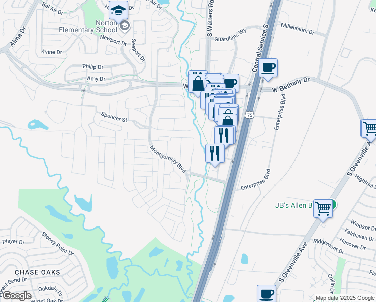 map of restaurants, bars, coffee shops, grocery stores, and more near 1175 Montgomery Boulevard in Allen
