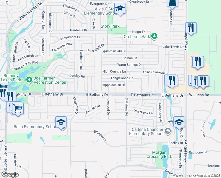 map of restaurants, bars, coffee shops, grocery stores, and more near 1507 Appalachian Drive in Allen