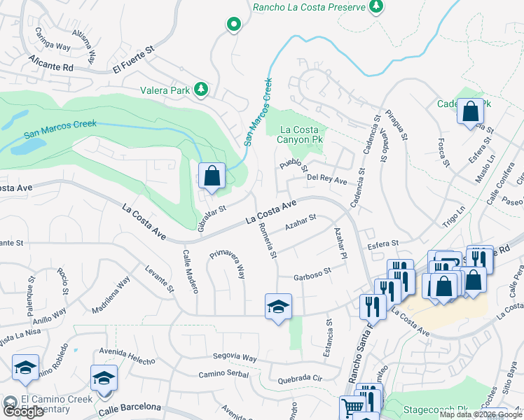 map of restaurants, bars, coffee shops, grocery stores, and more near 3004 La Costa Avenue in Carlsbad