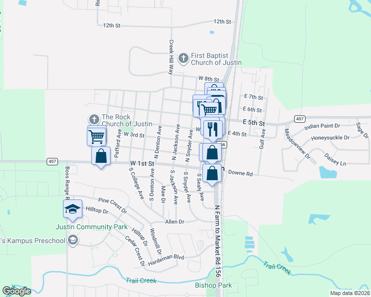 map of restaurants, bars, coffee shops, grocery stores, and more near 316 West 3rd Street in Justin