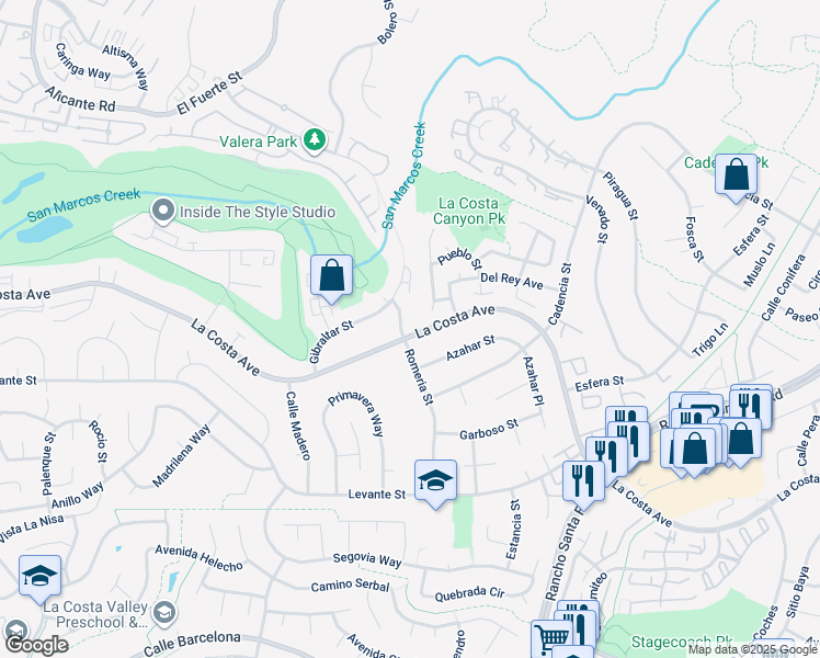 map of restaurants, bars, coffee shops, grocery stores, and more near 7522 Romeria Street in Carlsbad
