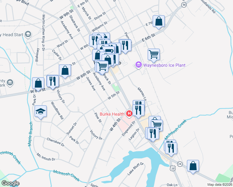 map of restaurants, bars, coffee shops, grocery stores, and more near 500-532 Shadrack Street in Waynesboro