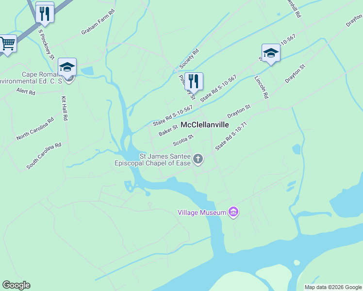 map of restaurants, bars, coffee shops, grocery stores, and more near 138 Scotia Street in McClellanville