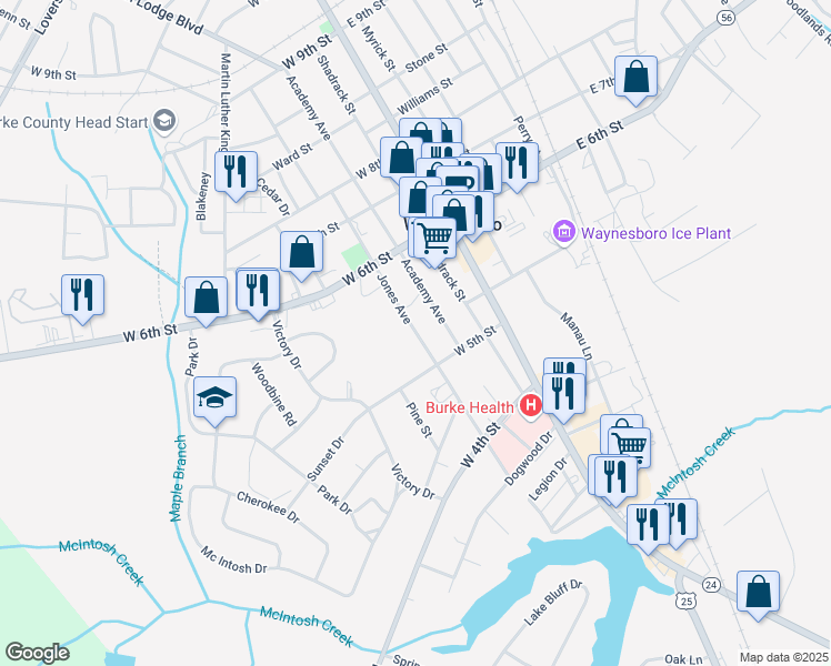 map of restaurants, bars, coffee shops, grocery stores, and more near Jones Avenue in Waynesboro