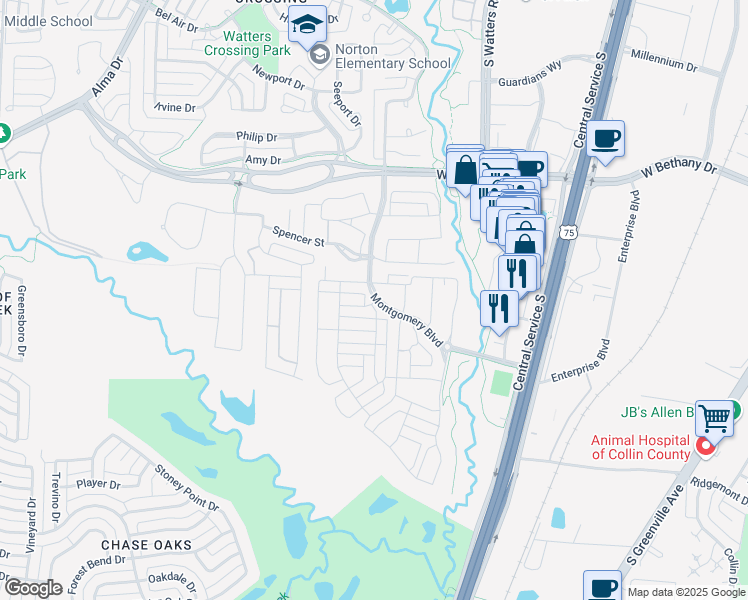 map of restaurants, bars, coffee shops, grocery stores, and more near 1082 Maverick Drive in Allen
