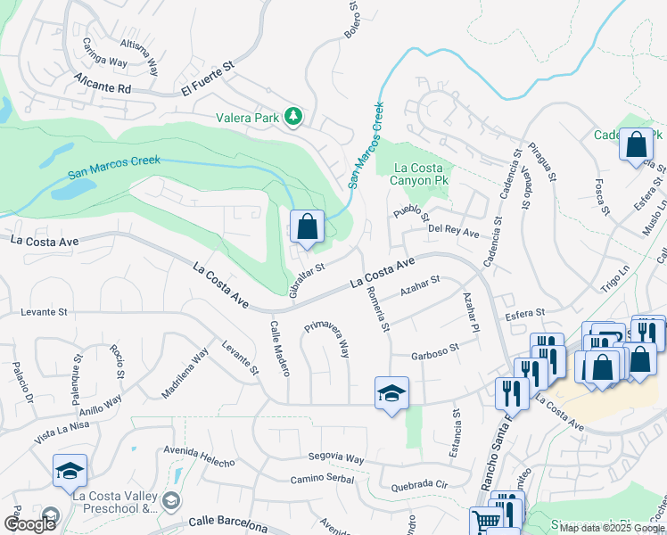map of restaurants, bars, coffee shops, grocery stores, and more near 7541 Gibraltar Street in Carlsbad