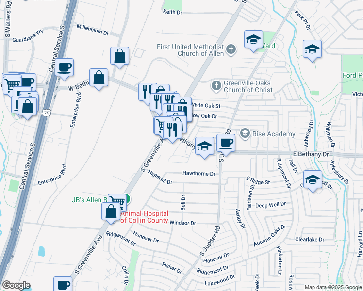 map of restaurants, bars, coffee shops, grocery stores, and more near 801 South Greenville Avenue in Allen