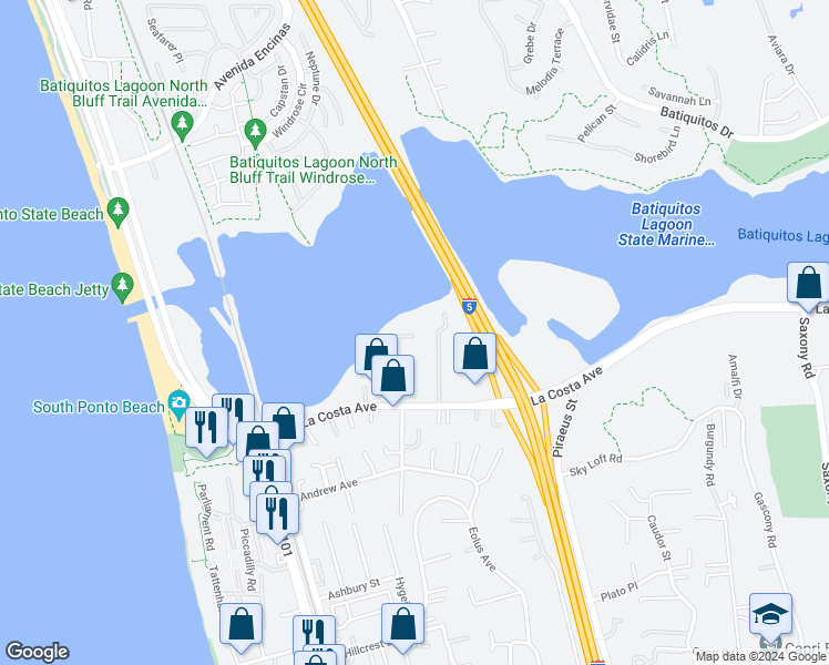 map of restaurants, bars, coffee shops, grocery stores, and more near 2075 Sheridan Road in Encinitas