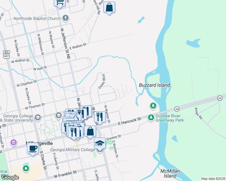 map of restaurants, bars, coffee shops, grocery stores, and more near 325 Milledge Avenue in Milledgeville