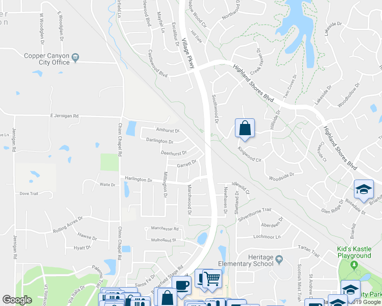 map of restaurants, bars, coffee shops, grocery stores, and more near 2805 Deerhurst Drive in Lewisville