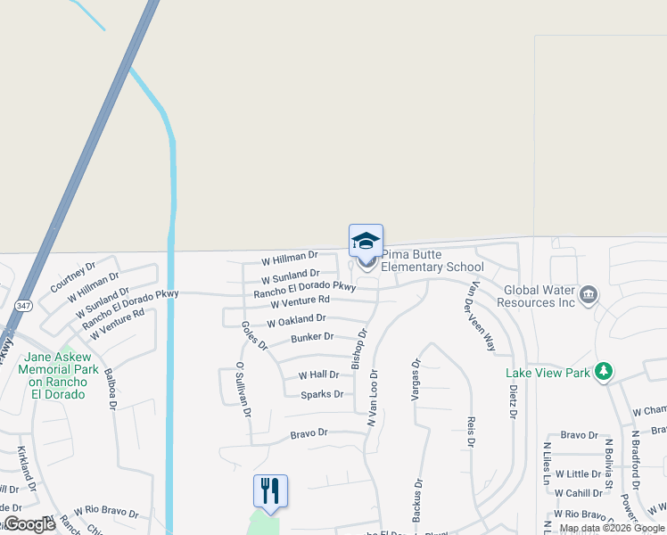 map of restaurants, bars, coffee shops, grocery stores, and more near 42383 West Hillman Drive in Maricopa