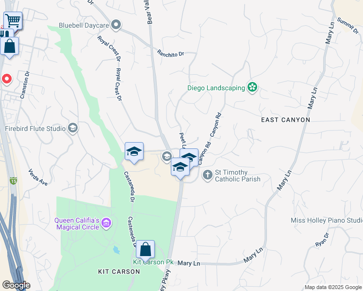 map of restaurants, bars, coffee shops, grocery stores, and more near 2731 Peet Lane in Escondido