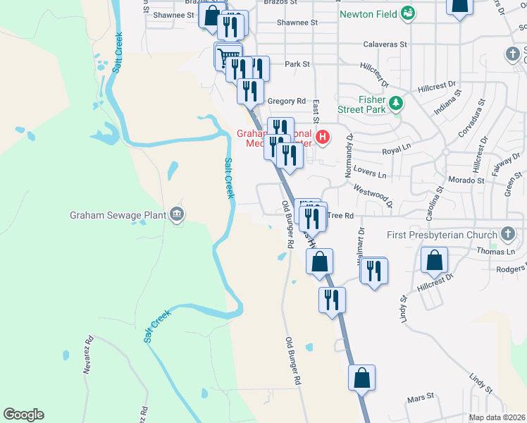map of restaurants, bars, coffee shops, grocery stores, and more near 1709 Family Lane in Graham