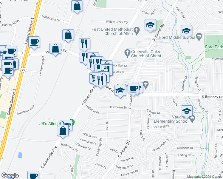map of restaurants, bars, coffee shops, grocery stores, and more near 546 East Bethany Drive in Allen