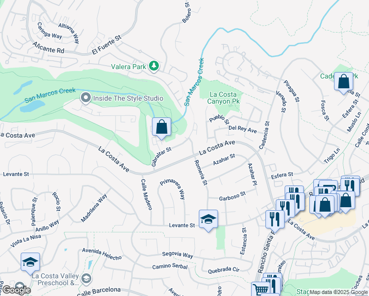 map of restaurants, bars, coffee shops, grocery stores, and more near 7538 Gibraltar Street in Carlsbad