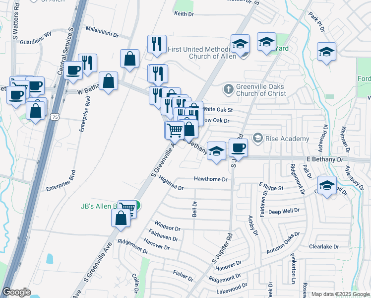 map of restaurants, bars, coffee shops, grocery stores, and more near 801 South Greenville Avenue in Allen