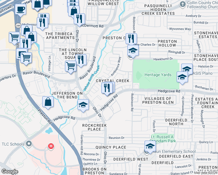map of restaurants, bars, coffee shops, grocery stores, and more near 4677 Durban Park Drive in Plano