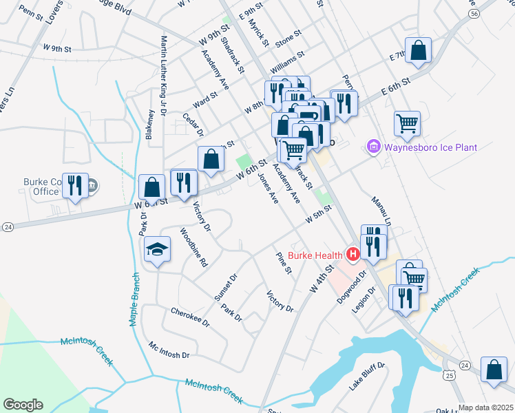 map of restaurants, bars, coffee shops, grocery stores, and more near 525 Jones Avenue in Waynesboro