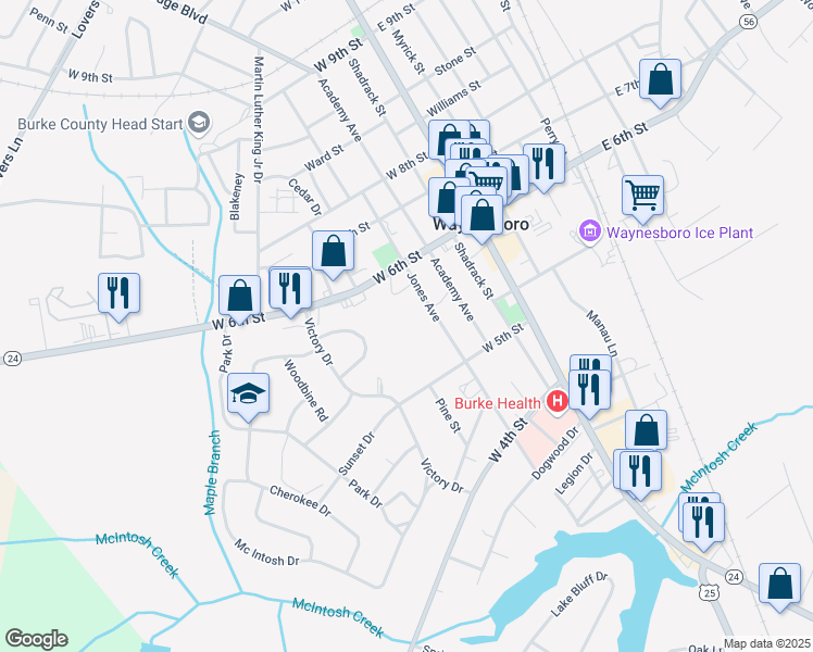map of restaurants, bars, coffee shops, grocery stores, and more near 525 Jones Avenue in Waynesboro
