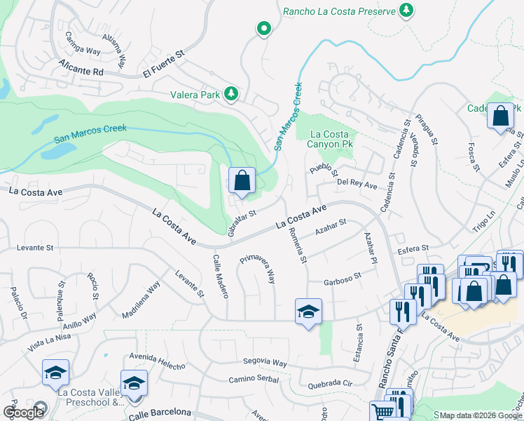 map of restaurants, bars, coffee shops, grocery stores, and more near 7541 Gibraltar Street in Carlsbad