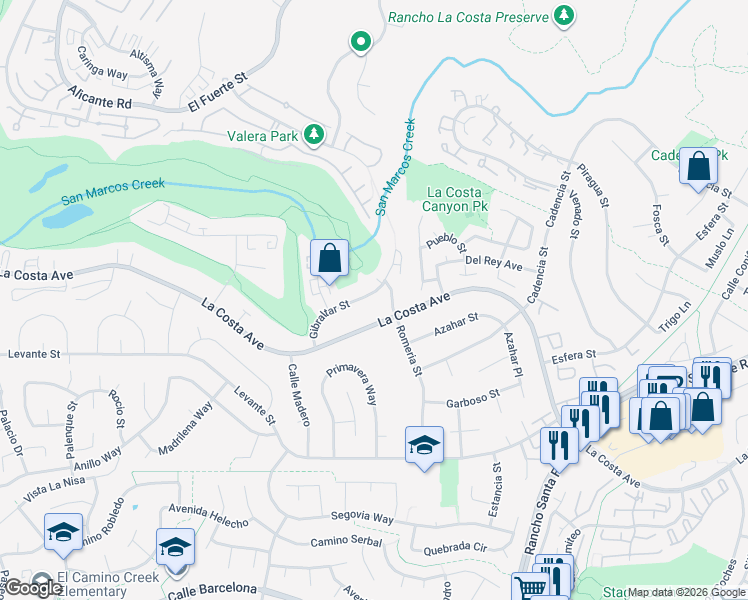 map of restaurants, bars, coffee shops, grocery stores, and more near 7538 Gibraltar Street in Carlsbad
