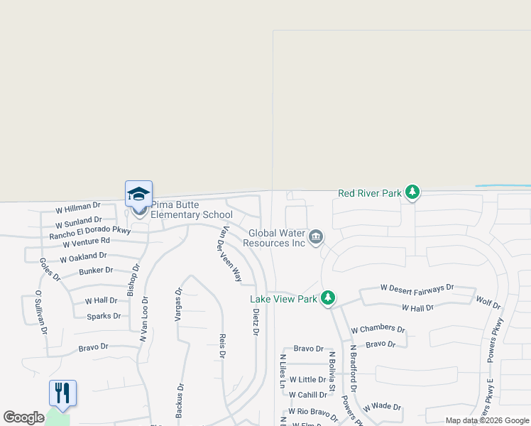 map of restaurants, bars, coffee shops, grocery stores, and more near 22742 North Davis Way in Maricopa