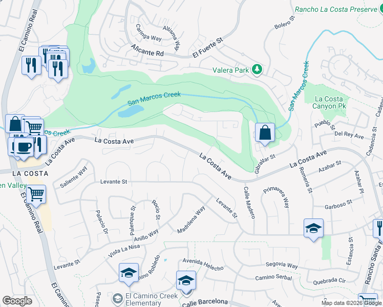 map of restaurants, bars, coffee shops, grocery stores, and more near 7602 Nueva Castilla Way in Carlsbad