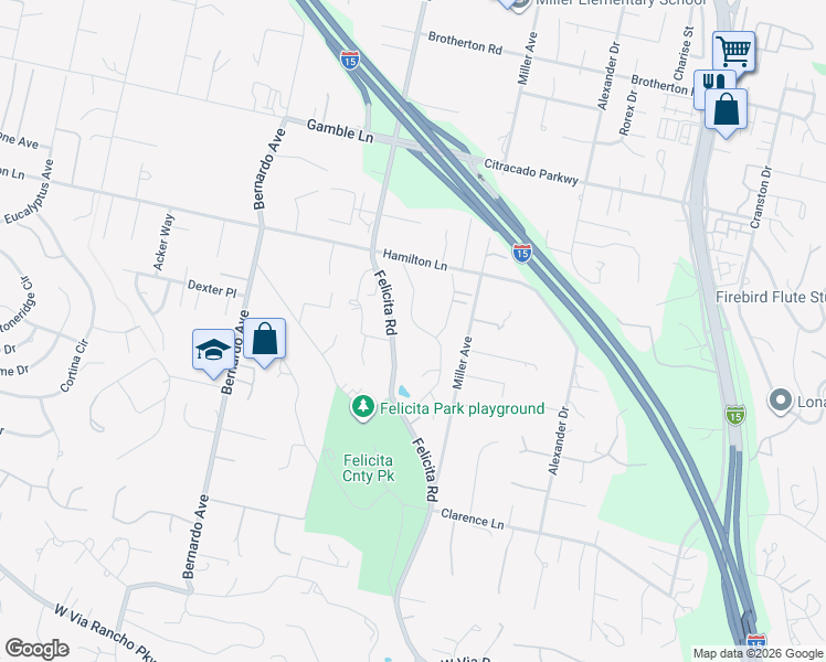 map of restaurants, bars, coffee shops, grocery stores, and more near 2515 Miller Avenue in Escondido