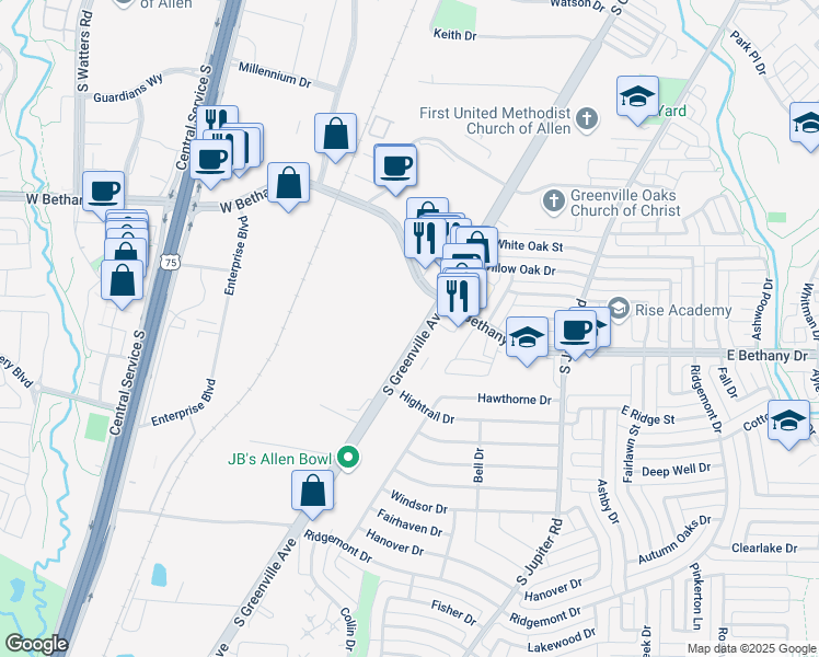 map of restaurants, bars, coffee shops, grocery stores, and more near 810 South Greenville Avenue in Allen